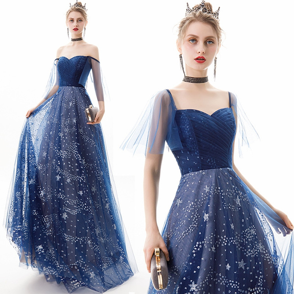 Affordable Navy Blue Evening Dresses 2019 A-Line / Princess V-Neck 1/2  Sleeves Glitter Tulle Sequins Floor-Length / Long Ruffle Formal Dresses